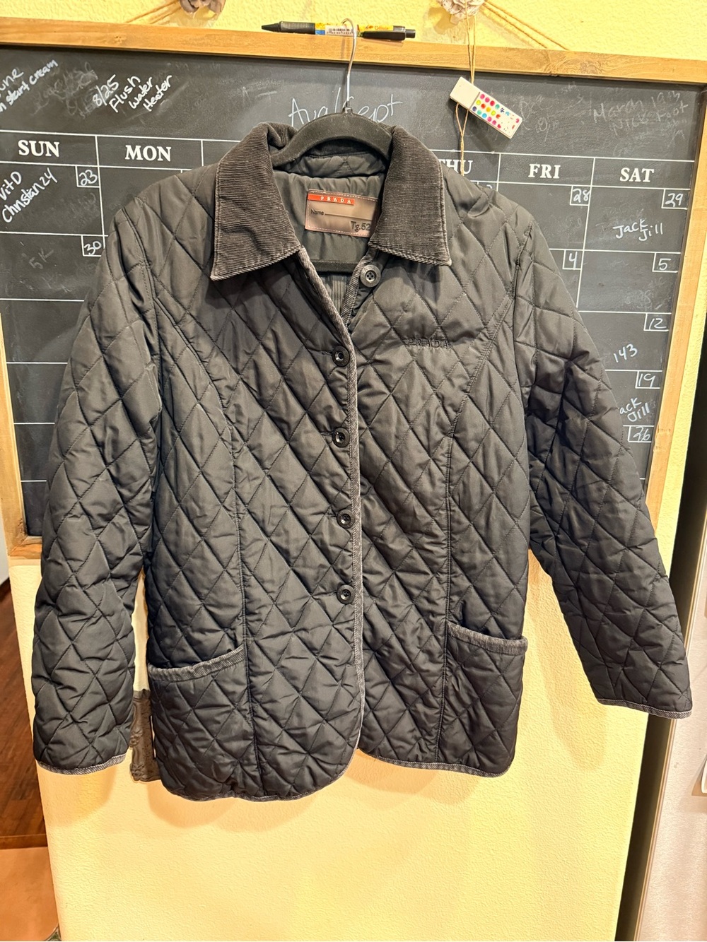 Prada Black Quilted Puffer Jacket with Corduroy Collar and Trim pockets size xl